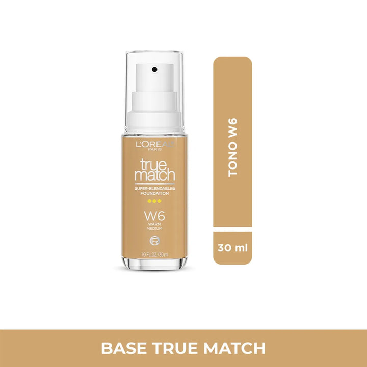 Base de Maquillaje L'Oréal True Match | Tono W6 | Acabado Natural e Hidratante | 30 ml