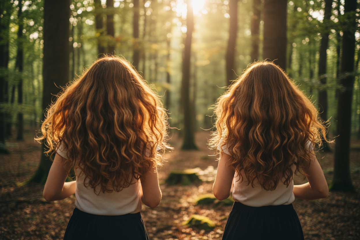 DOS MUJERES CORRIENDO POR UN BOSQUE QUE EL ENFOQUE SE HAGA EN SU CABELLO Y SE VEAN SUS ONDAS EN EL CABELLOS QUE LA IMAGEN SE TOME DESDE LA PARTE ATRAS Y SE ENFOQUE SU CABELLO